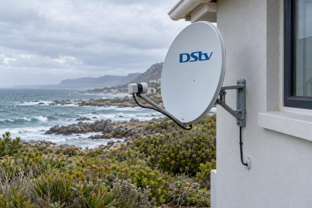 Satellite feed for live channels DStv dish on a Kleinbaai wall bringing live channels while WiFi handles streaming
