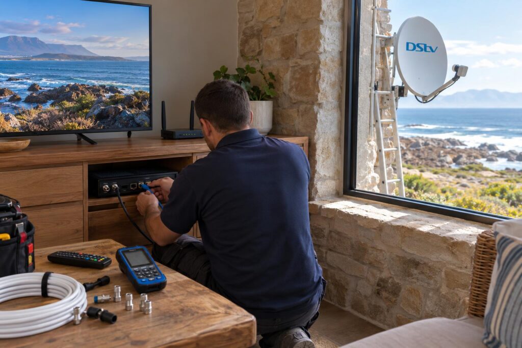 Wiring the Explora to the network Technician plugging a network cable into an Explora in a thick-walled De Kelders home