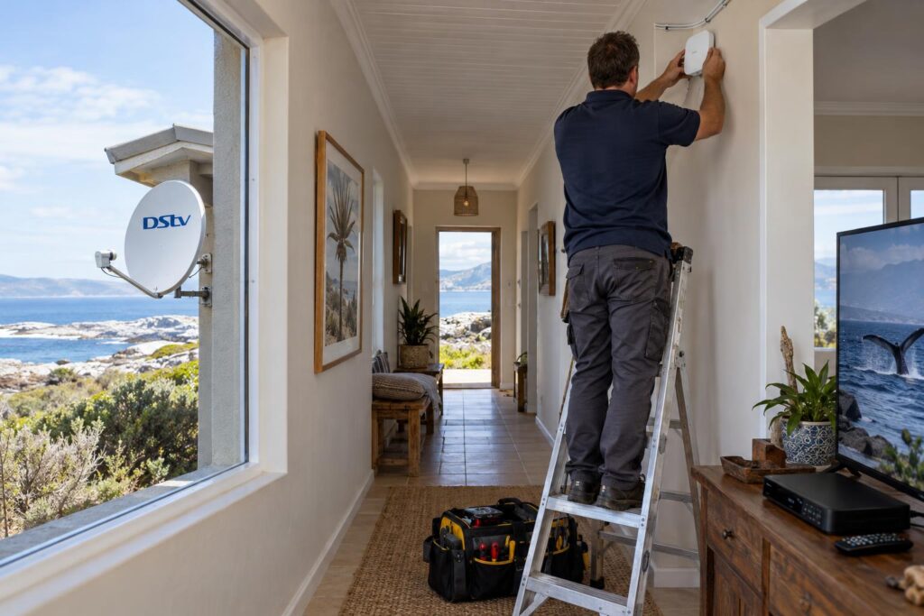 Technician installing WiFi access point for DStv Catch Up in Gansbaai