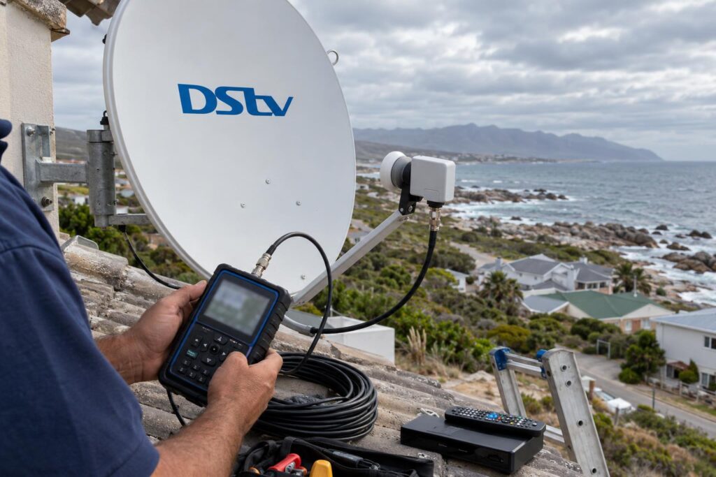 Signal meter test at the dish Technician testing DStv decoder cables with a signal meter on a coastal roof