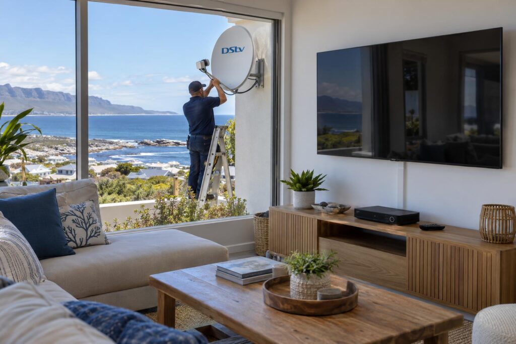 Tidy wall-mounted TV and decoder Wall-mounted TV with hidden DStv decoder cables in a De Kelders holiday home