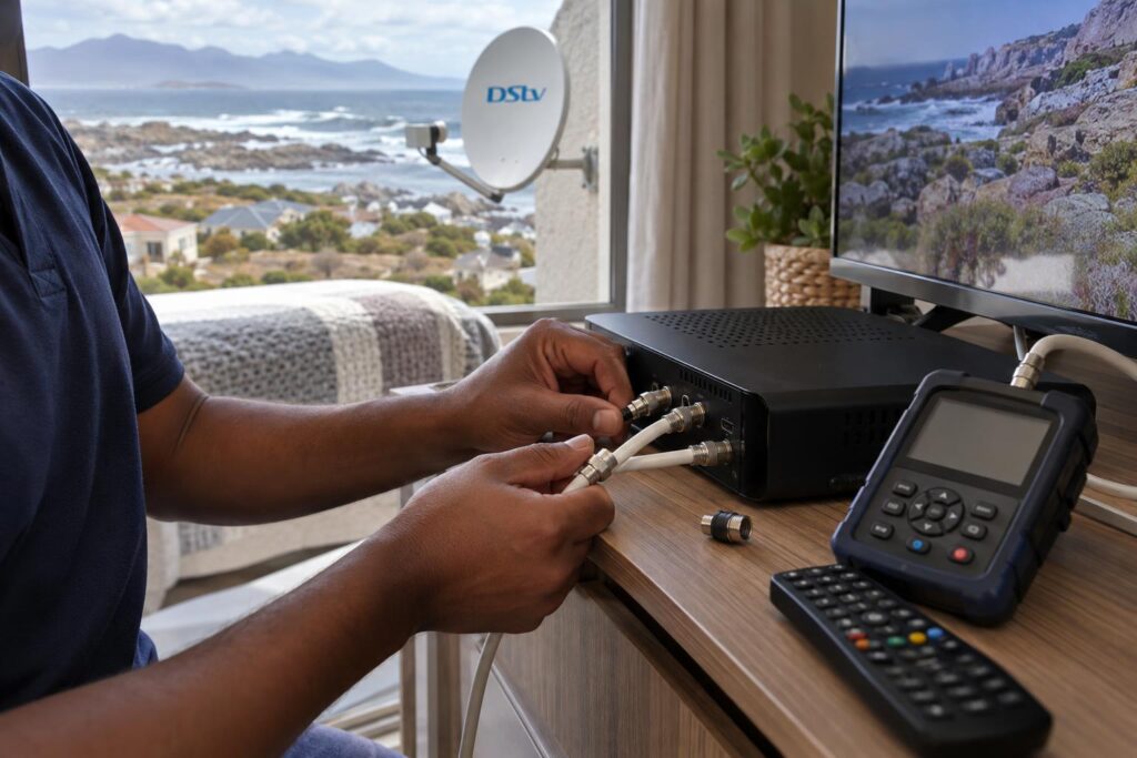 Technician checking cables between linked XtraView decoders in a bedroom