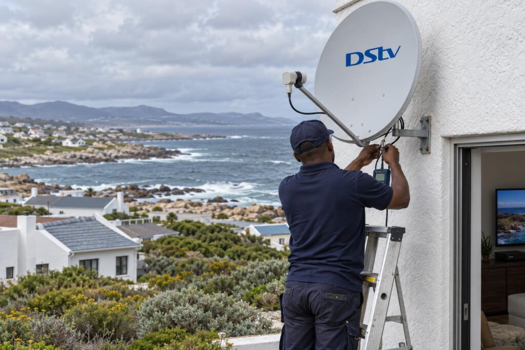 Installer sealing a DStv cable against salt air on a Kleinbaai wall