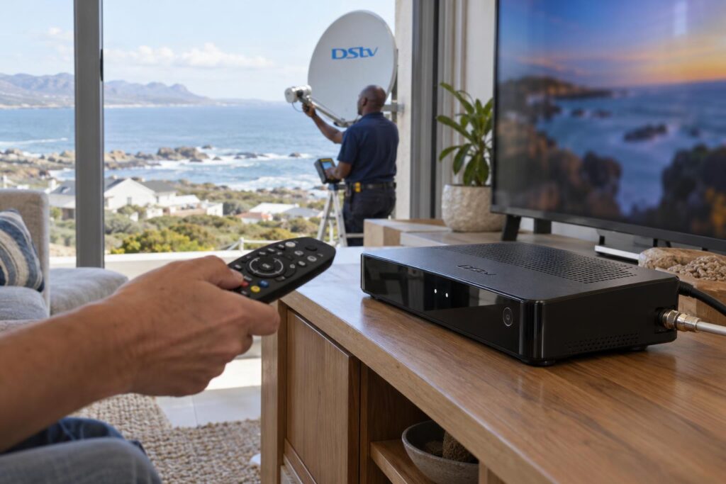 Decoder and remote setup DStv Explora decoder and remote ready for the DStv installation wizard steps