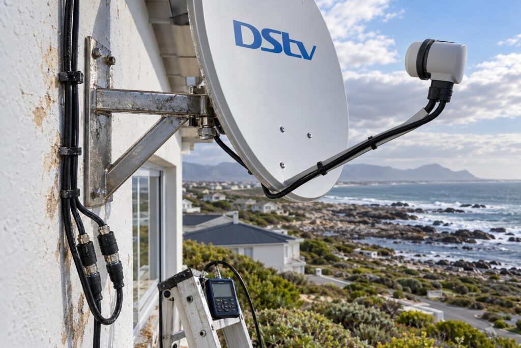 Sealed coastal connectors Sealed outdoor connectors on a coastal DStv dish bracket near Franskraal