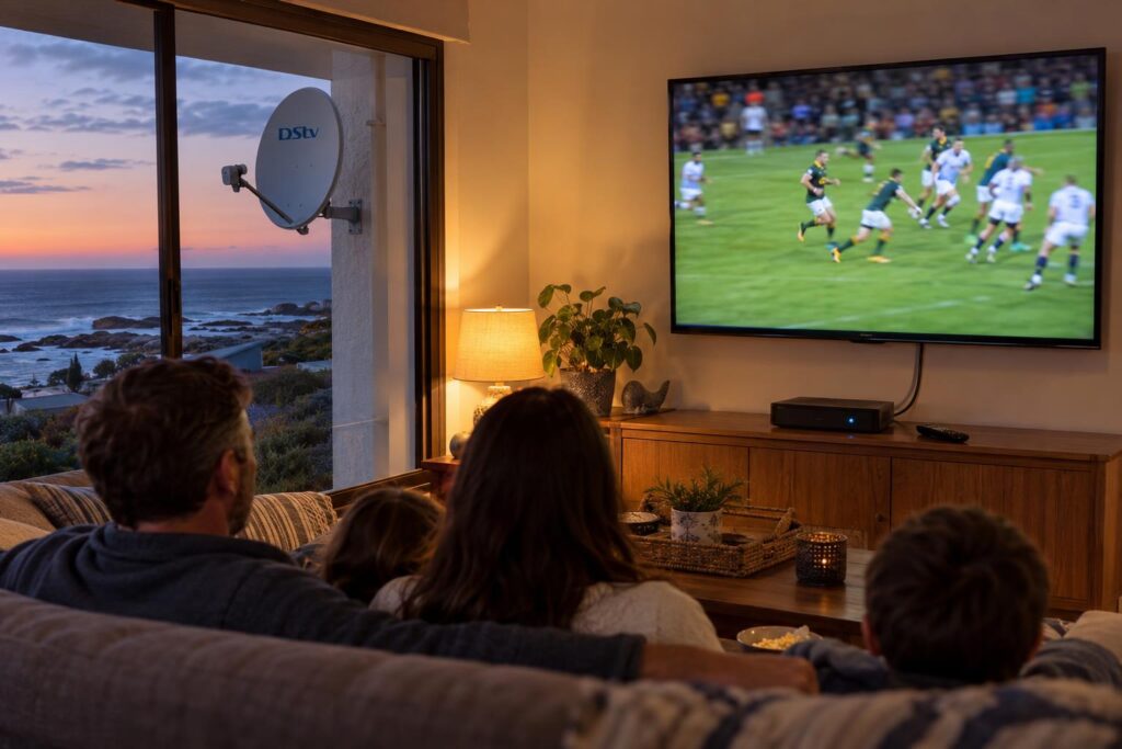 Gansbaai lounge with DStv decoder and wall TV for comparing DStv packages prices