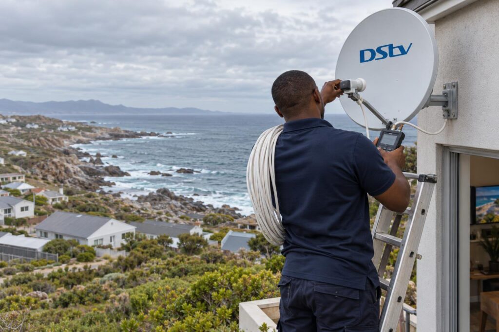 Technician aligning a DStv dish in De Kelders with a signal meter