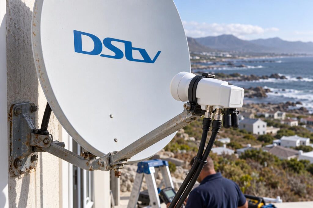 Close view of a DStv Smart LNB with capped ports on a seaside dish