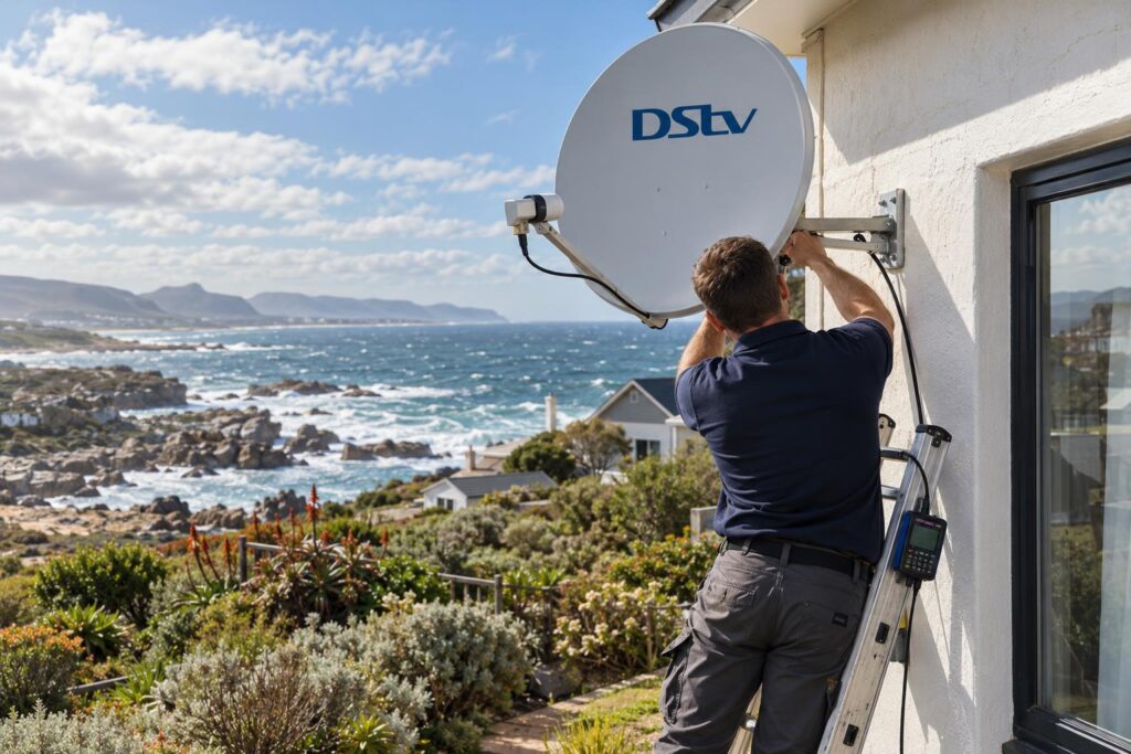 Technician checking alignment before quoting a DStv Smart LNB price in Gansbaai