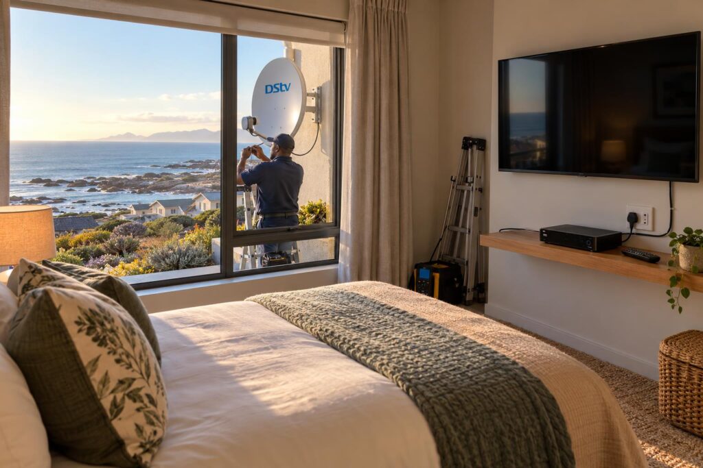 Bedroom TV and secondary DStv decoder in a Kleinbaai holiday home