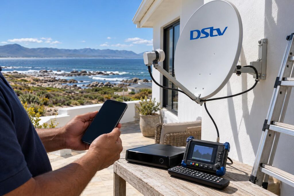 Activating by phone on the stoep Dialling the USSD code outside a De Kelders home with a DStv dish