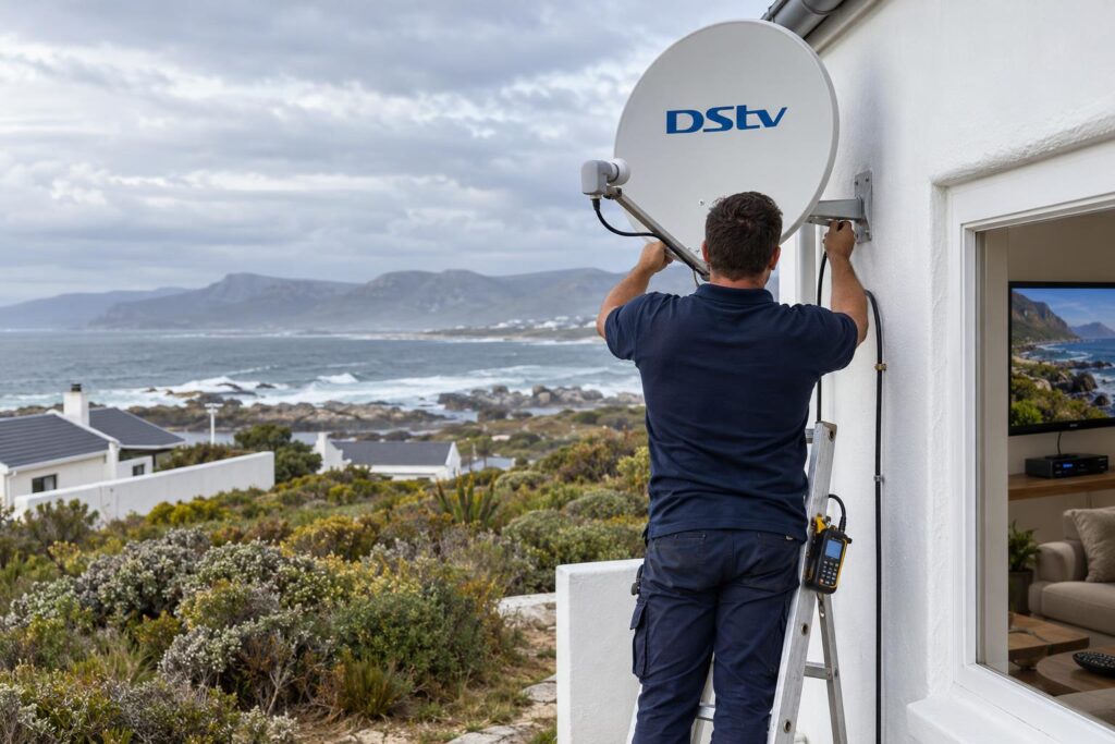 Dish alignment for a strong signal Technician aligning a DStv dish so an OpenView decoder in Gansbaai can activate